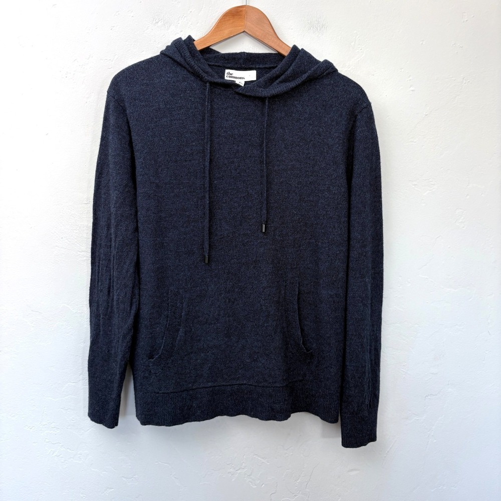 The Commons Merino Wool Knit Hoodie Men Size XL Blue Pullover Long Sleeve